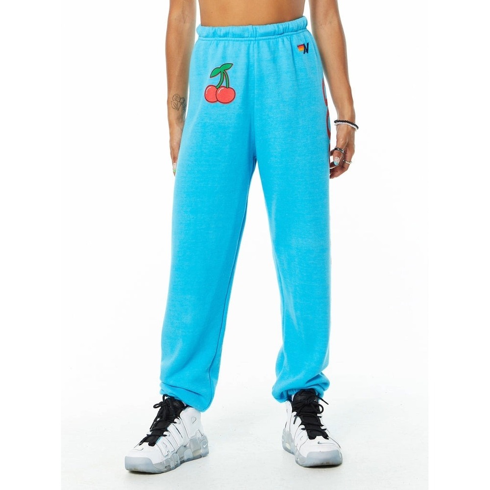 256 Aviator Nation SoulCycle Blue Cherry Graphic Sweatpants Joggers (Large, EUC)
